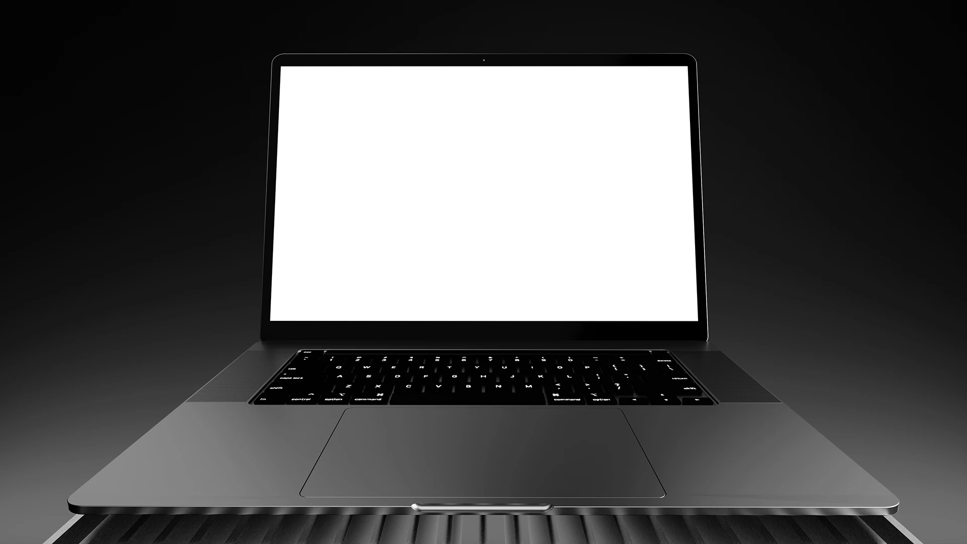 Blank laptop screen mockup PSD on futuristic scene