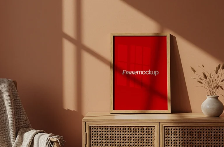 Modern wooden photo frame mockup with artwork