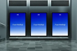Triple A4 Poster Mockup in Modern Indoor Display Scene with Sample Design