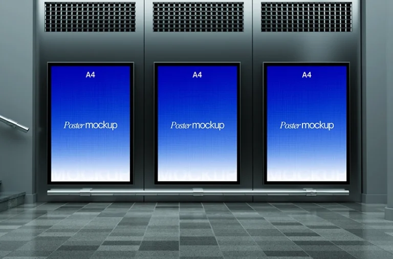 Triple A4 Poster Mockup in Modern Indoor Display Scene with Sample Design