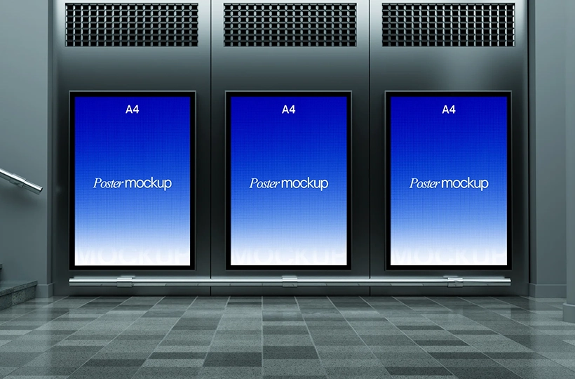 Triple A4 Poster Mockup in Modern Indoor Display Scene with Sample Design
