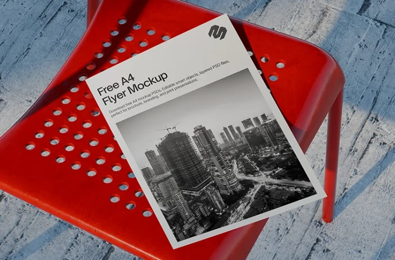 Single page A4 flyer mockup on red chair preview