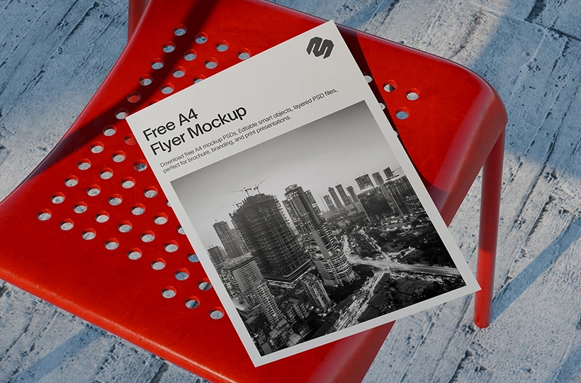 Single page A4 flyer mockup on red chair preview