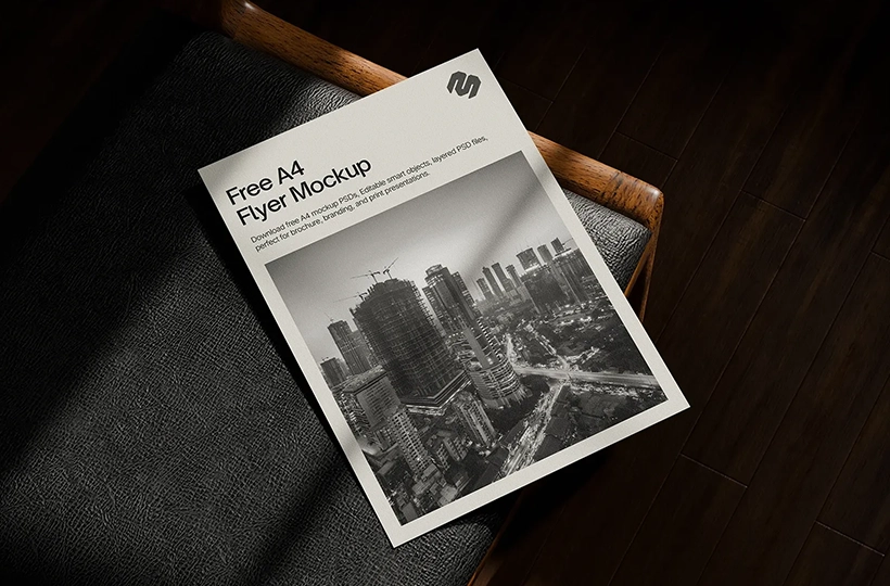 Single page A4 flyer mockup on chair preview