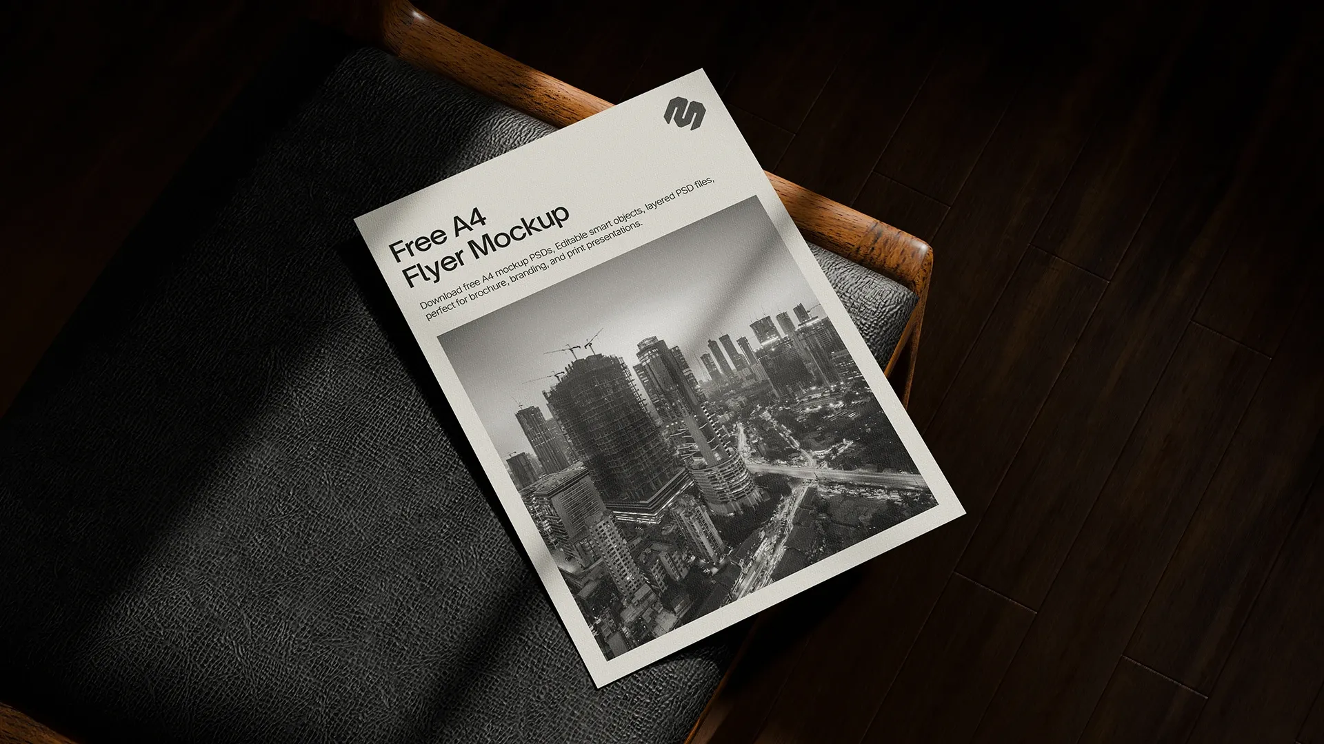Single Page A4 Flyer Mockup on Chair Free single page A4 flyer mockup on a chair