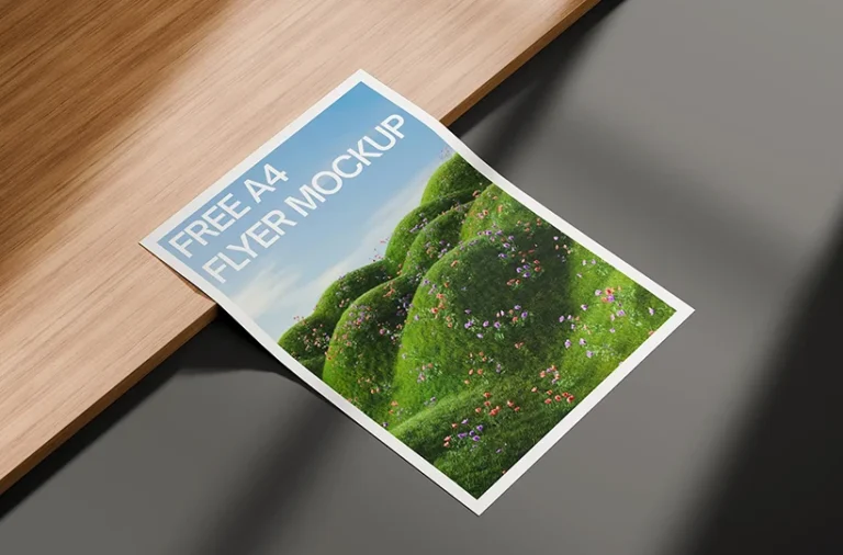 Single page A4 flyer mockup on wooden board preview