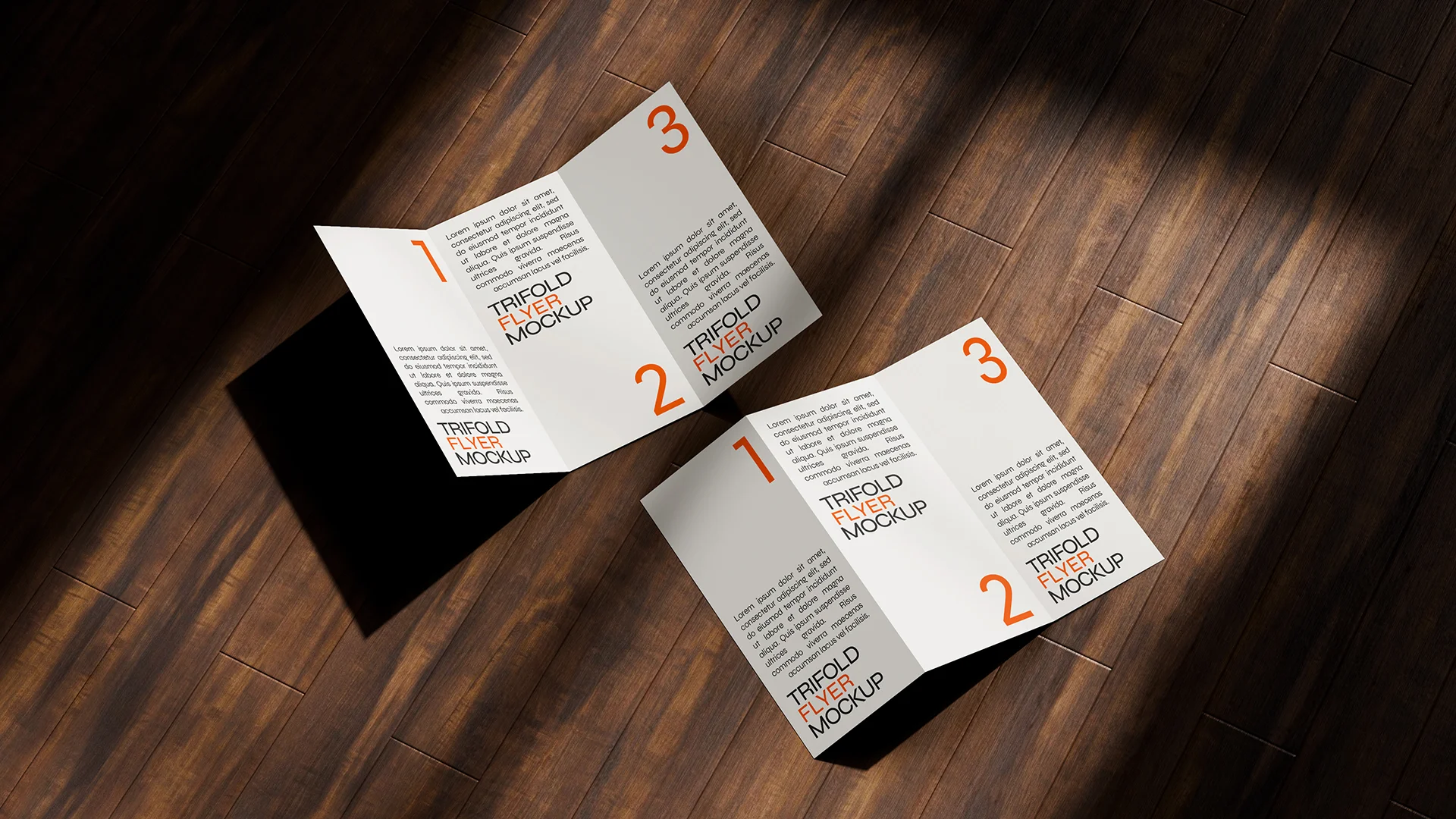 Trifold flyer mockup with design on wooden surface