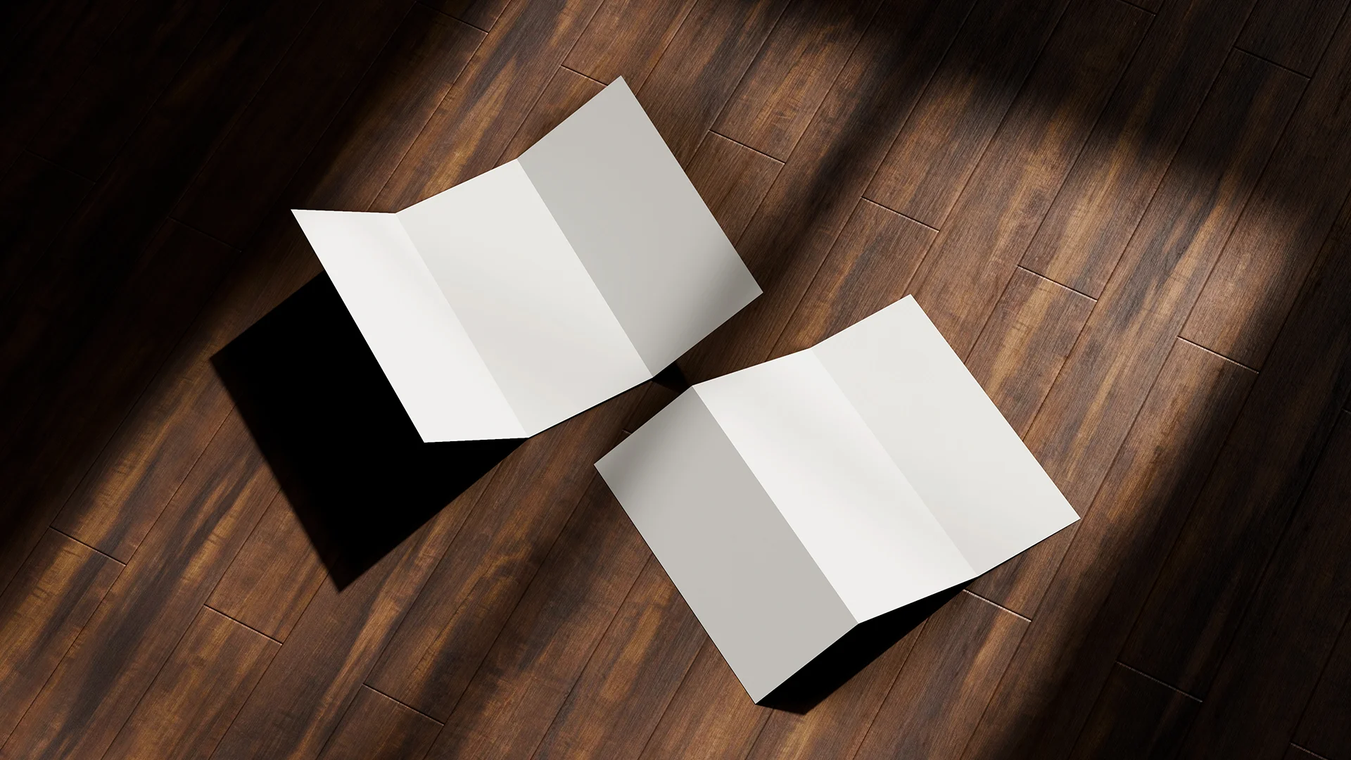 Blank trifold flyer mockup on wooden surface