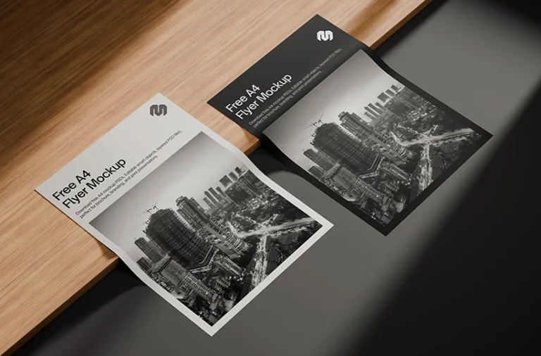 Two A4 flyer mockup on wooden plank preview