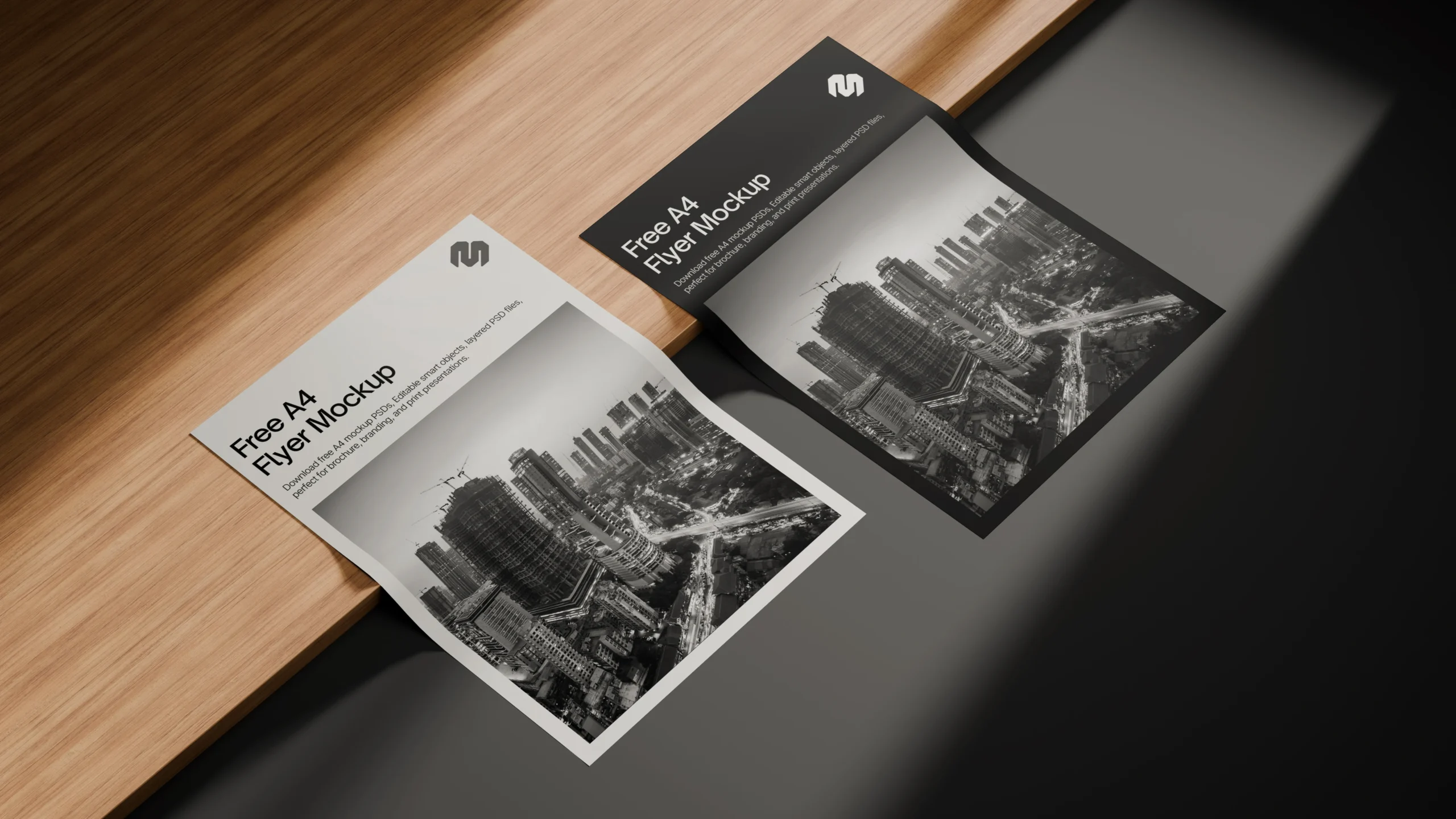 Two A4 flyer mockups arranged on a wooden plank