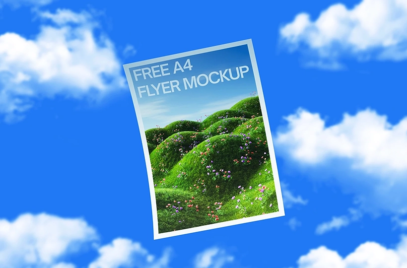 A4 flyer mockup floating in air preview