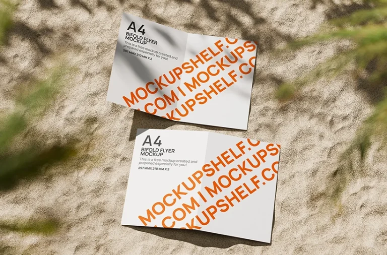 Bifold A4 flyer mockup on a beach-side sandy surface