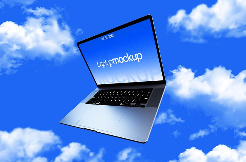 Floating laptop mockup preview with sky background