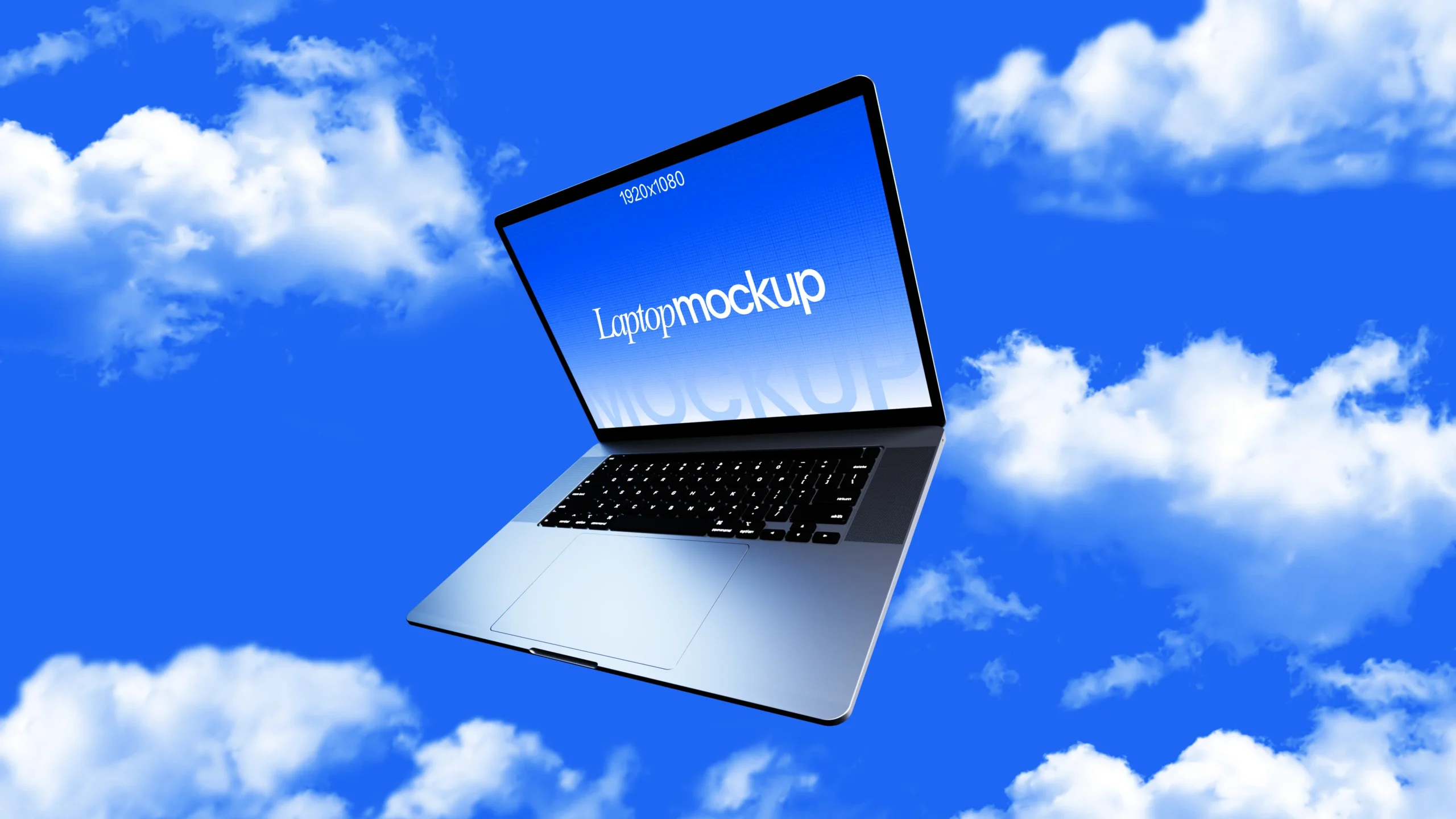 Floating laptop screen mockup against blue sky