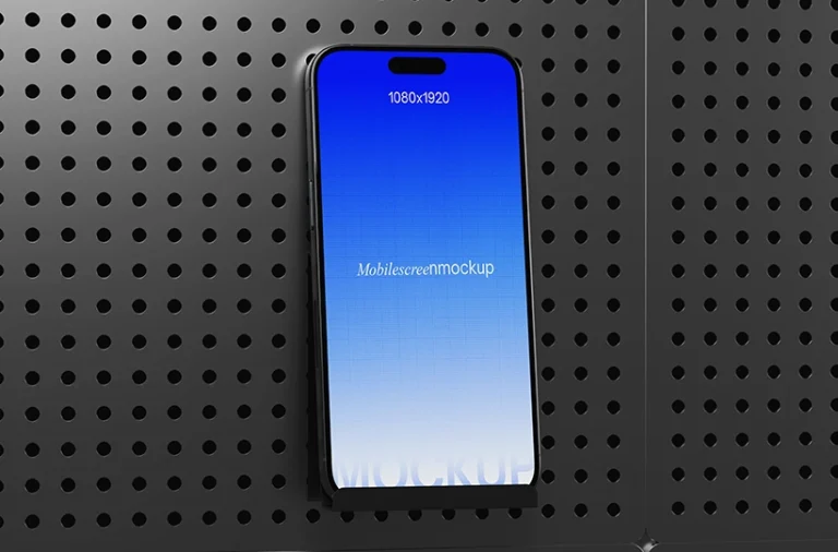 Free mobile screen mockup on a pegboard