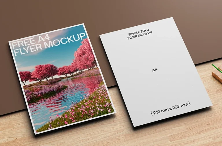 Two single fold A4 flyer mockup realistic setting preview