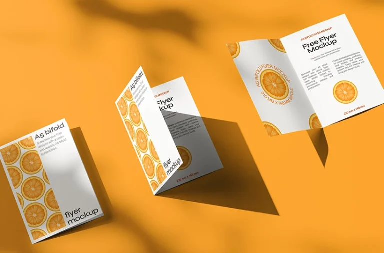 A5 bi fold flyer mockup showing multiple folded and open views
