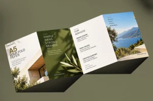 A5 four fold flyer mockup on a flat surface preview