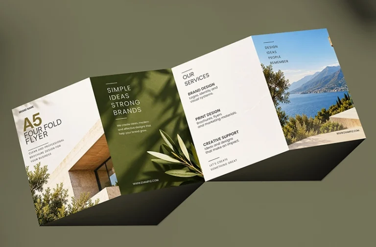 A5 four fold flyer mockup on a flat surface preview