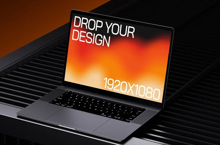 Laptop mockup on a dark ribbed surface preview