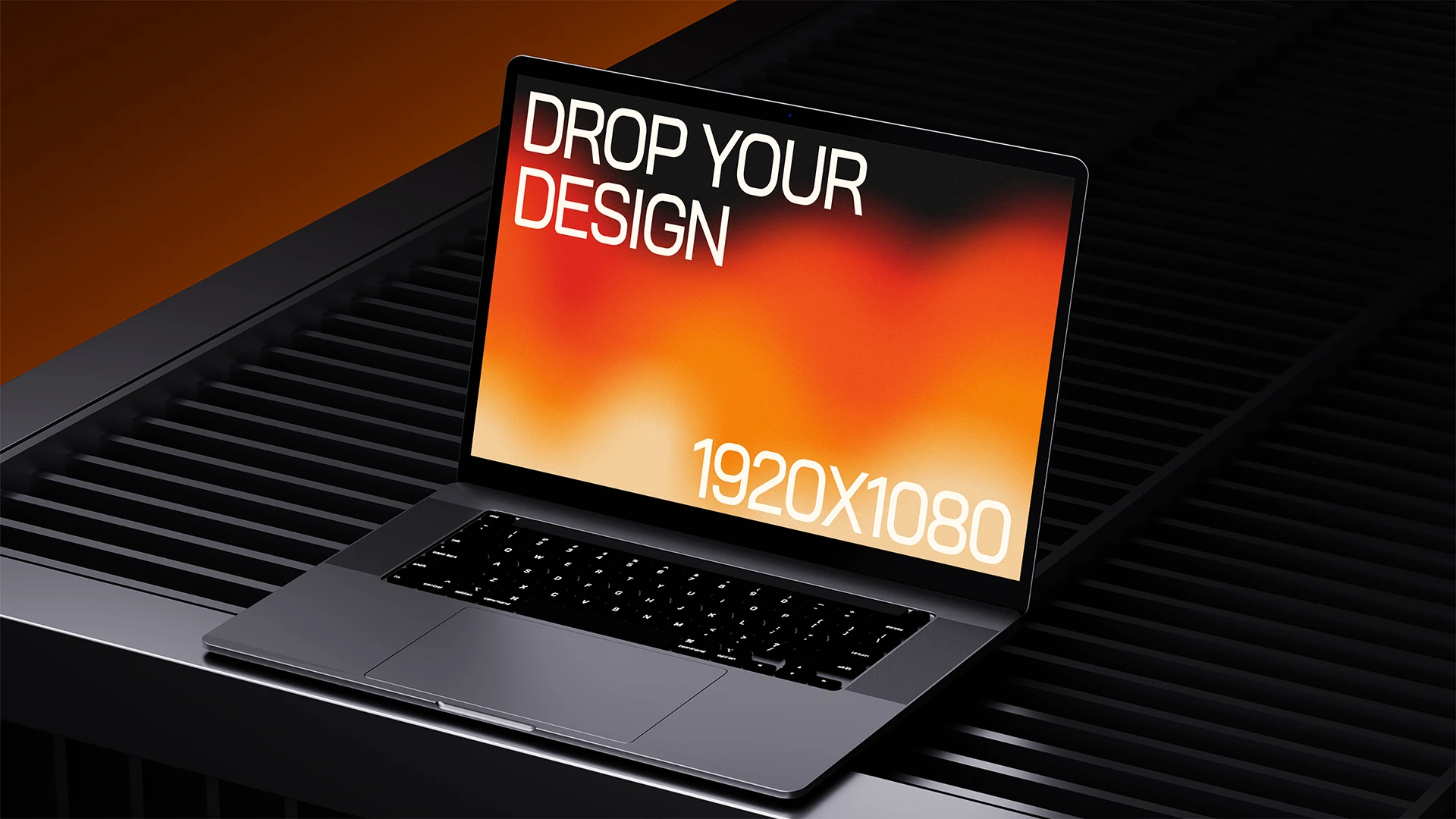 Laptop Mockup on a Dark Ribbed Surface With Design Laptop mockup on a dark ribbed surface with design