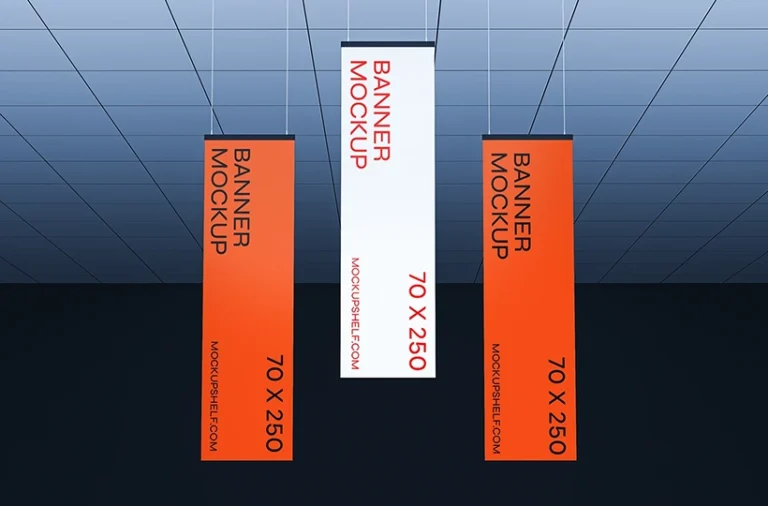 Three hanging banner mockup showing vertical banners suspended from a ceiling