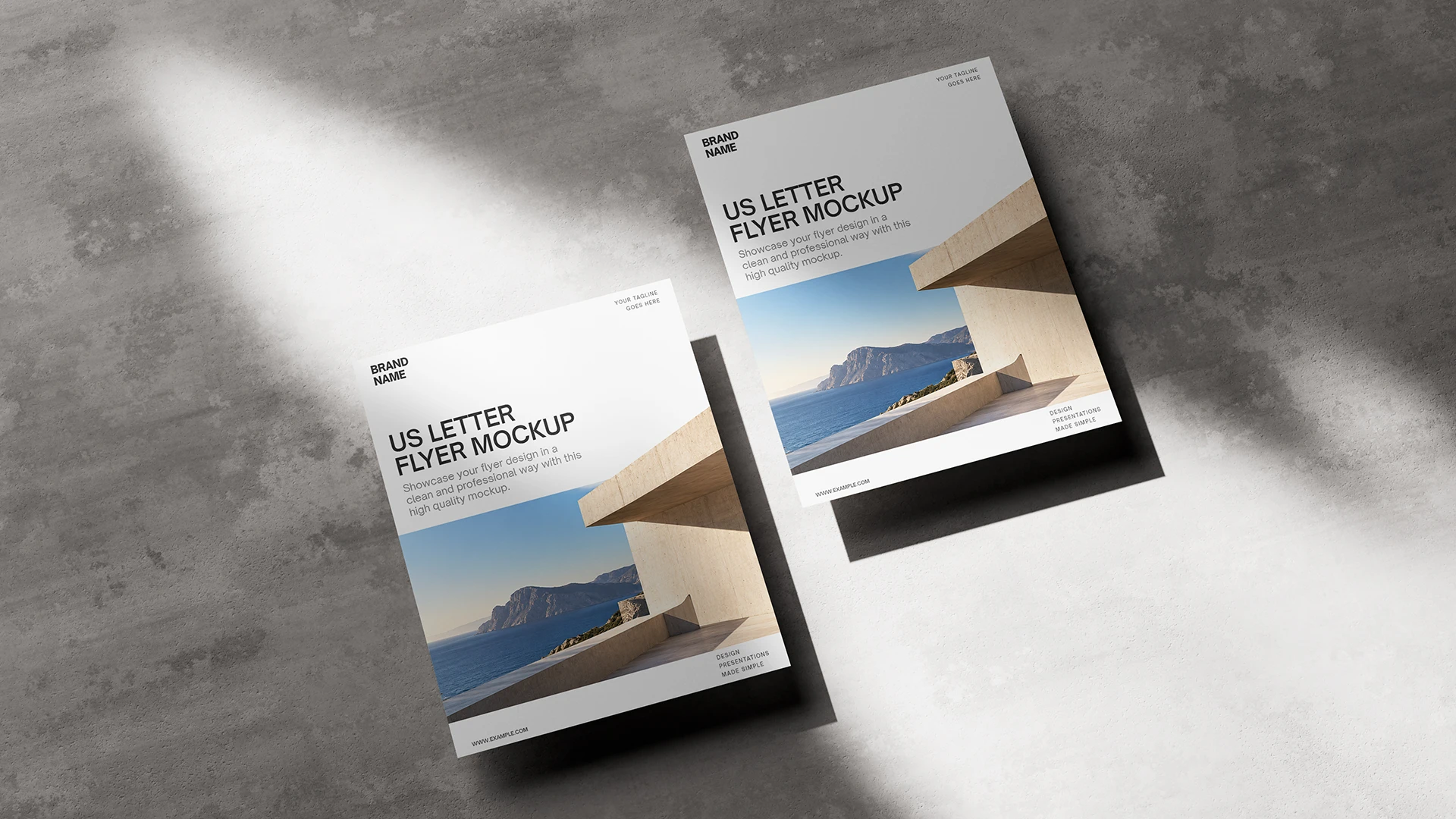 US Letter flyer mockup on a concrete surface with design
