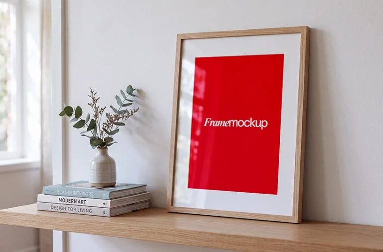 Modern A4 photo frame mockup on a wooden shelf