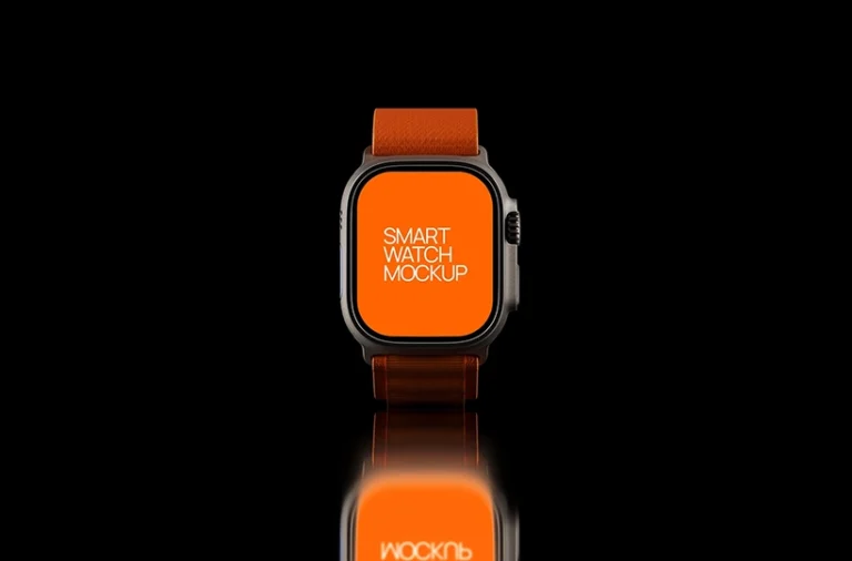 Free smart watch mockup on a reflective surface