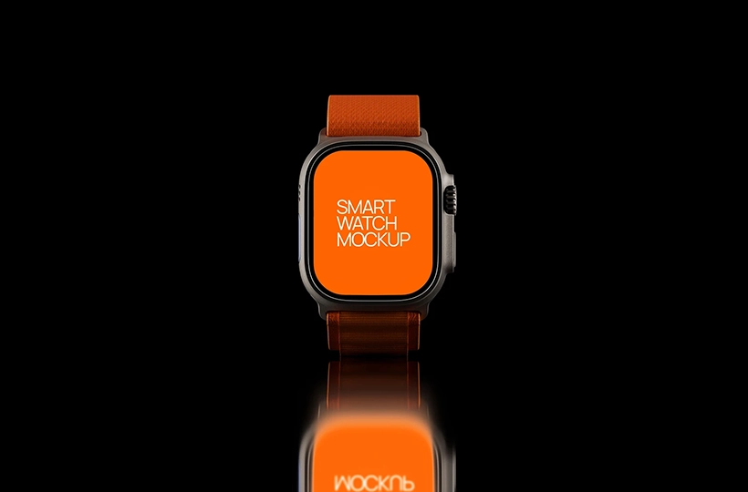 Free smart watch mockup on a reflective surface