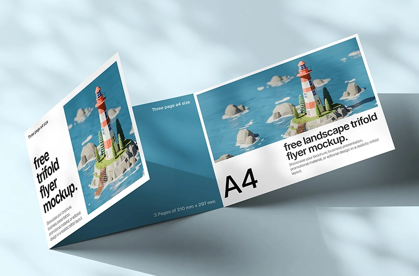 A4 tri fold flyer mockup in landscape view