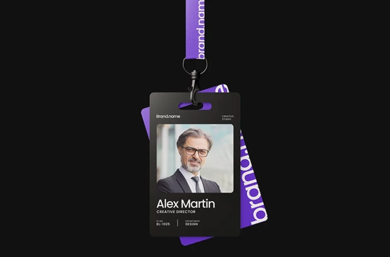 Two ID card mockup hanging with lanyards