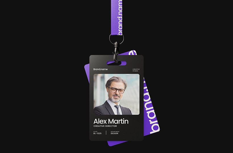 Two ID card mockup hanging with lanyards