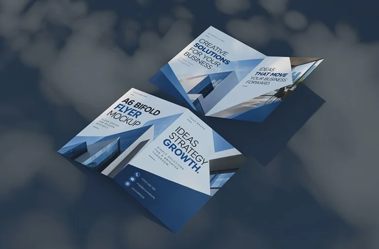 Preview of two A6 bifold flyers arranged in an angled mockup scene