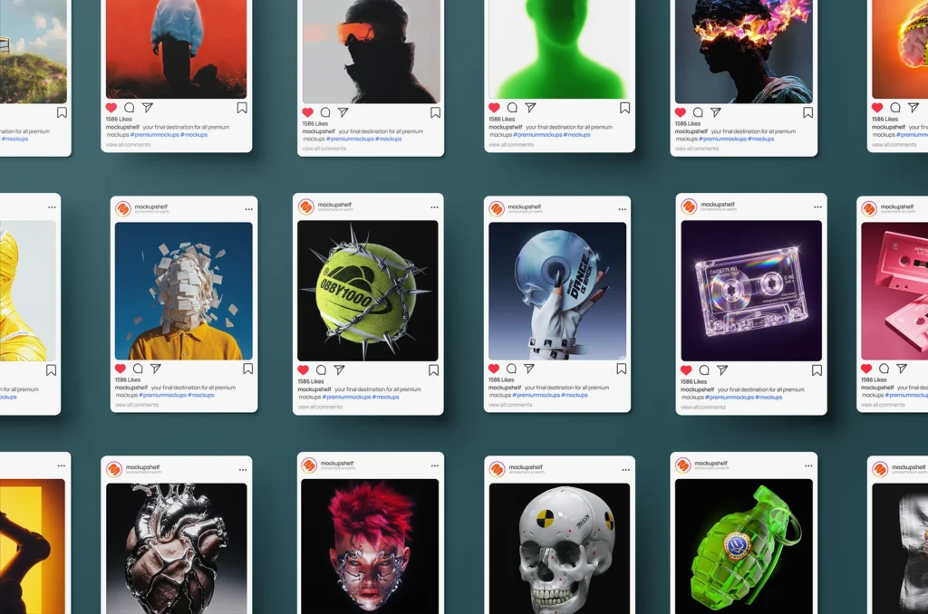 Instagram card presentation mockup showing a grid of social media posts