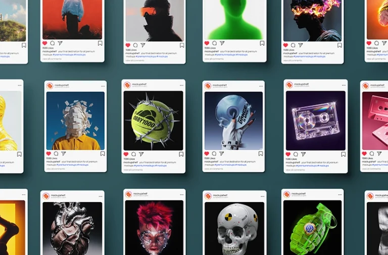 Preview of an Instagram mockup with multiple social media post cards in a grid