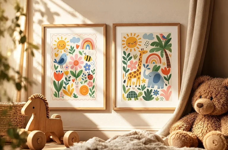 Free photo frame mockup on a kids room wall