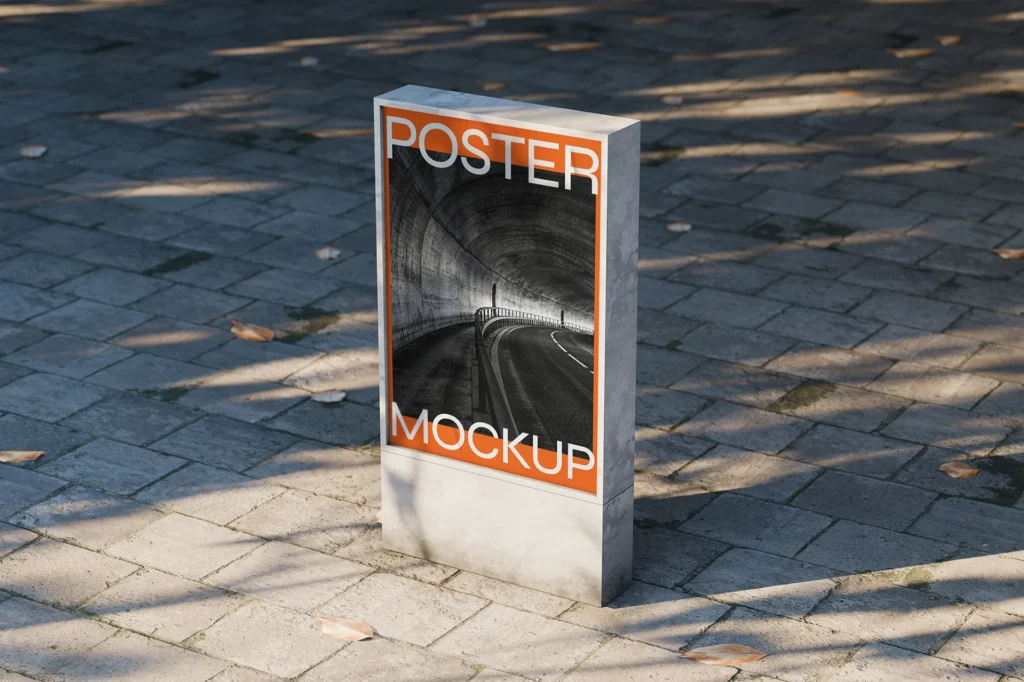 Urban outdoor poster mockup displayed on a freestanding panel along a paved walkway