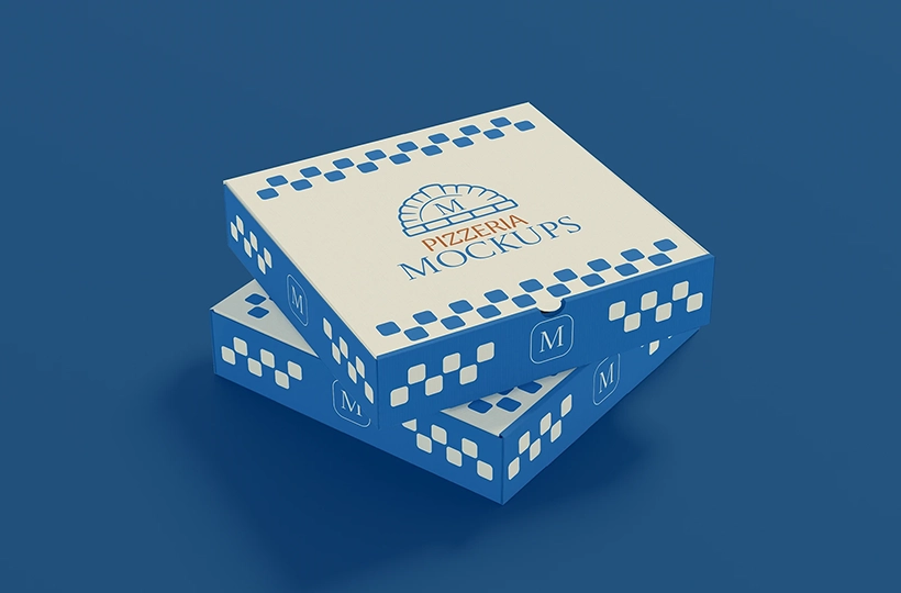 Preview of two stacked pizza boxes with the packaging design applied