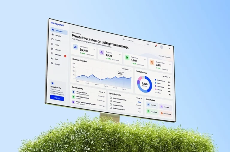 Preview of an iMac mockup on grass displaying a dashboard design